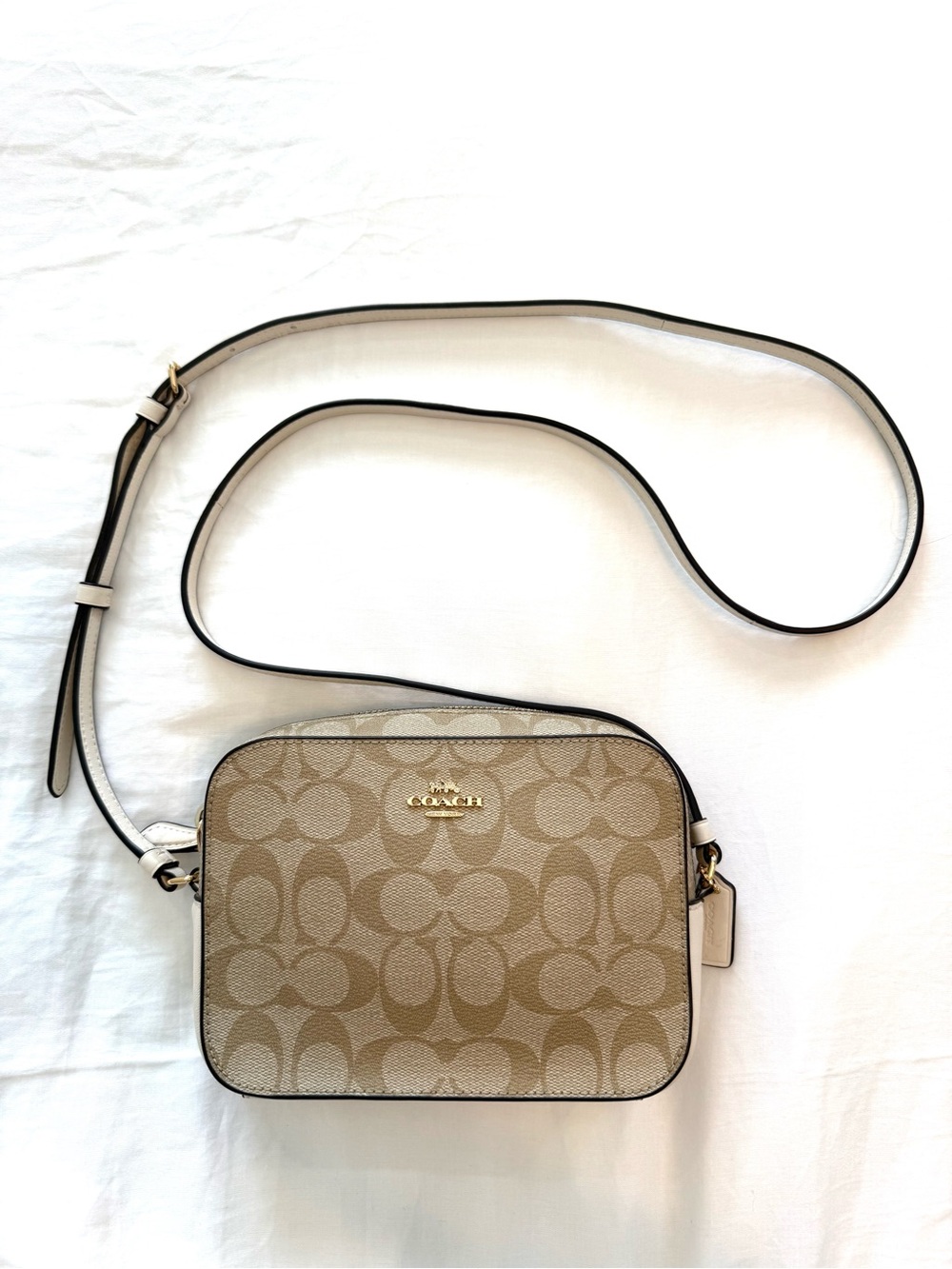 Coach Signature Canvas Mini Light Khaki Chalk Camera Leather Crossbody Bag